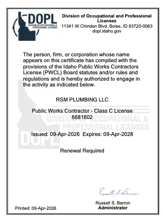 rsm-plumbing-public-works-license-idaho2 RSM Plumbing Idaho Public Works Contractor License for sewer and water line replacement